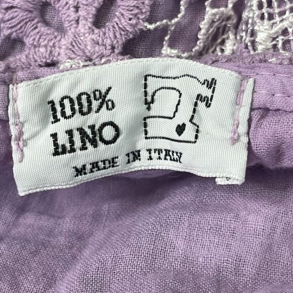 100% Lino Made in Italy Lilac Linen Midi Dress w/ Lace Top & Pockets - Picture 9 of 10